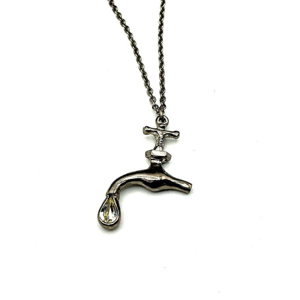 Vintage style Silver tone Faucet Pendant Necklace With Crystal Water Drop & Chai